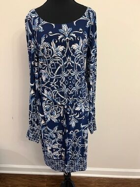 Cache Navy and White Long Sleeve Tie-Front Printed Dress